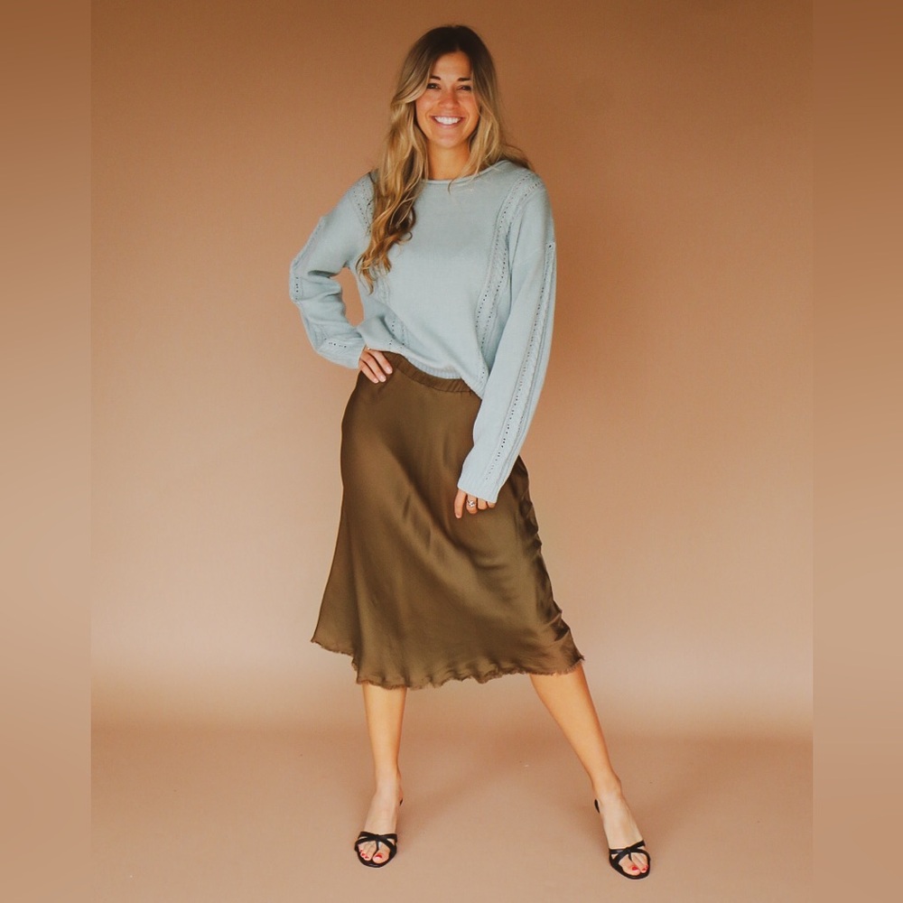 olive satin midi skirt